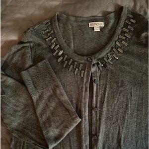 Cotton/rayon/nylon embellished crew neck long sleeve cardigan.